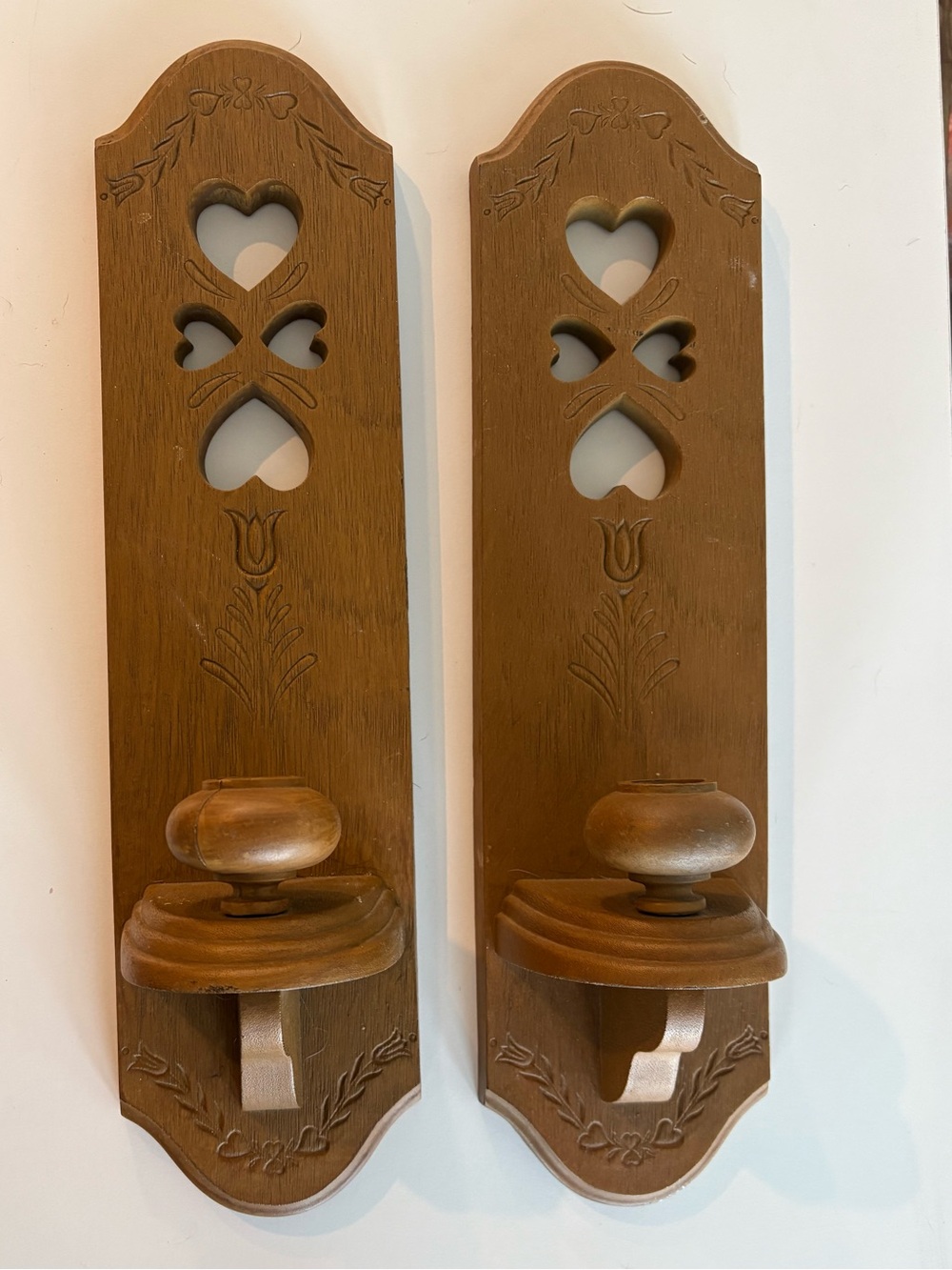 Vintage 1986 Burwood Prod #2766 Wall Sconce Taper Candle Holders Hearts Wood